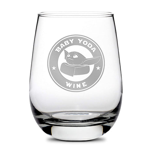 Integrity Bottles Premium Baby Yoda Stemless Wine Glass - Hand-Etched, Sand-Carved Drinking Glass - Best Valentines Day Gifts for Women and Men - Made in USA - 16 oz