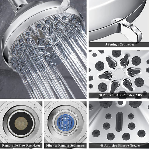 High Pressure Shower Head - Rain Shower Head 5 Inches 5 Spray Settings Fixed Bathroom Shower Head - Diiwet High Flow Shower Head with Adjustable Brass Ball Joint