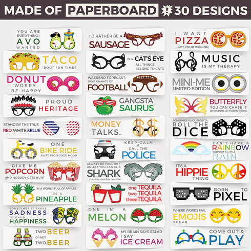 Funny Paperboard Photo Booth Props Glasses - 30-Pack Paper Party Glasses for Adults and Kids - Fun Novelty Party Favors Accessories for Birthdays, Luau and Summer Fiesta