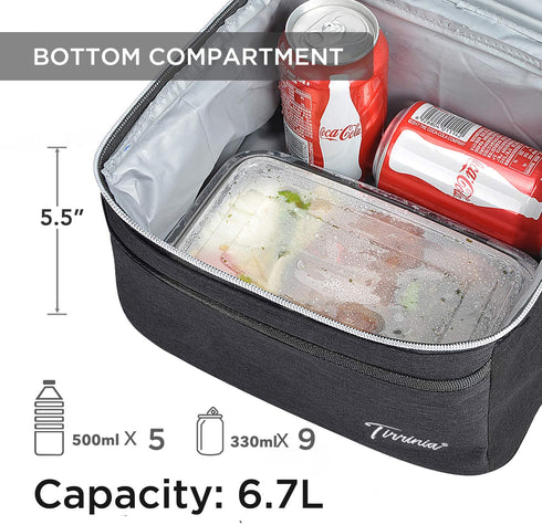 Insulated Lunch Bag, Leakproof Thermal Bento Cooler Tote for Women and Men, Dual Compartment with Shoulder Strap, 10.1" x 6.5" x 8.3", Black