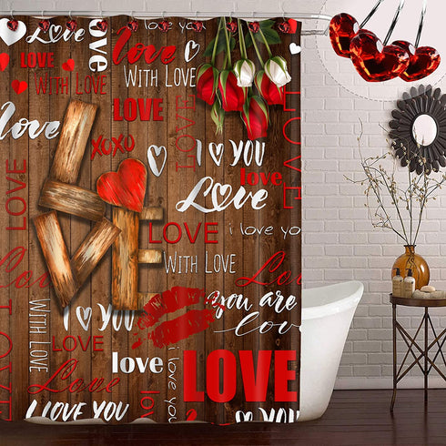 TAMOC Mothers Day Shower Curtain, Rustic Wood Shower Curtain with 12 Love Heart Hooks, Romantic Red Flower Shower Curtains for Bathroom, Waterproof Fabric Vintage Bath Curtain, Brown