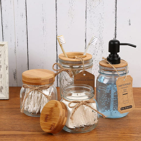 Bathroom Accessories Set Mason Jar, Foaming Soap Dispenser+2 Apothecary Jars+Toothbrush Holder, Bathroom Canisters Rustic Farmhouse Bathroom Decor Jars with Bamboo Lid, Country Countertop, Black
