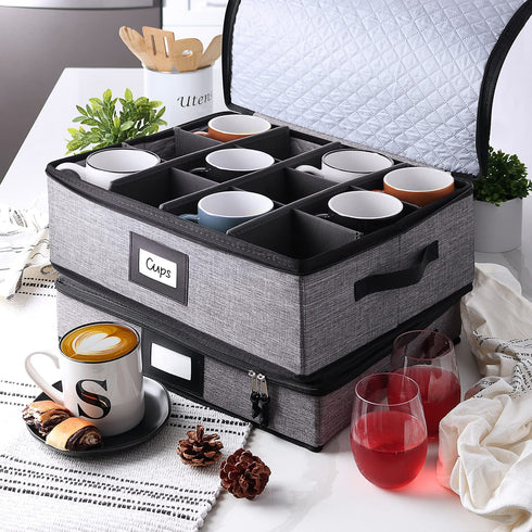 StorageBud China Storage Containers - Hard Shell, Stackable Holders For 12 Cups, Mugs, Stemless Wine Glasses Padded Dinnerware & Dish Cases with Dividers, Handles & Zippers
