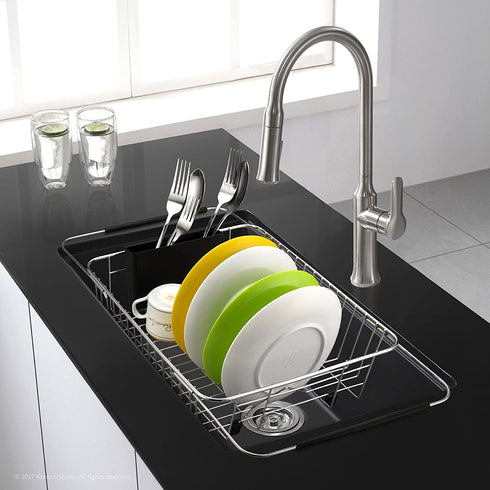 iPEGTOP Expandable Dish Drying Rack, Over The Sink Dish Rack, in Sink Or On Counter Dish Drainer with Black Utensil Holder Cutlery Tray, Rustproof Stainless Steel for Kitchen