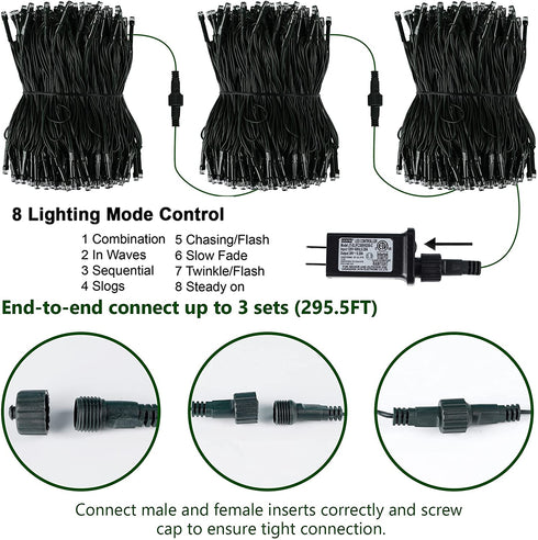 WATERGLIDE 98.5FT 300 LED Christmas Decorative String Lights, 8 Lighting Modes Waterproof Green Wire LED Fairy Light for Indoor Outdoor Christmas Party Garden Wedding Home Decoration (Warm White)