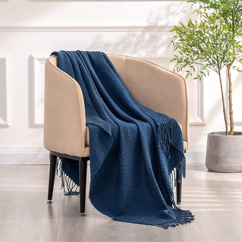 RECYCO Throw Blanket for Couch Navy Blue Waffle Throw Blanket Lightweight Soft Cozy Bed Decor Travel Blanket with Tassels for Living Room 50"x60"