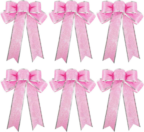 Beurio Pink Glitter Christmas Ribbon Bows Gifts Wreaths Wedding Party Decorations Hanging Ornaments, 6 pcs