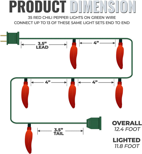 612 Vermont 35 Count Chili Pepper String Light, Indoor/Outdoor Use, Connect up to 13 Sets End to End, 11.8 Foot Lighted Length, 12.4 Foot Total Length (Red)