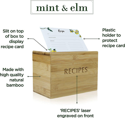 Mint & Elm Recipe Box with 100 Cards and 10 Dividers - Recipe Organizer Includes Plastic Holder for 4x6 Cards (Natural Bamboo)