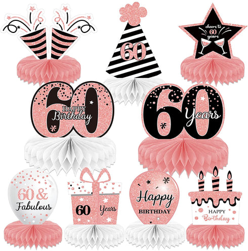9 Pieces Rose Gold 60th Birthday decorations for Women Pink 60th birthday centerpieces for Tables Decorations Cheers to 60 Years Honeycomb Table Topper Happy 60th Birthday Decorations for Woman Sixty Years Birthday Party