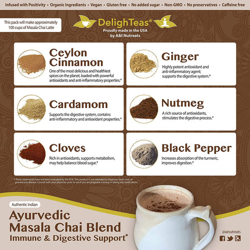 Ayurvedic Organic Masala Chai powder; No added sugar or sweetener; 4oz (100 Servings) - Caffeine free - Made with Ceylon (true) Cinnamon - Great for Vegan Lattes and Smoothies