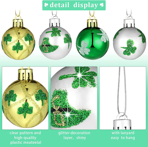 12 Pieces St. Patrick's Day Hanging Ornament Ball Green Shamrocks Plastic Ball Ornament 1.57 Inch Good Luck Clover Hat Balls Decorations Baubles with Hanging Rope for St. Patrick's Day Party Supplies