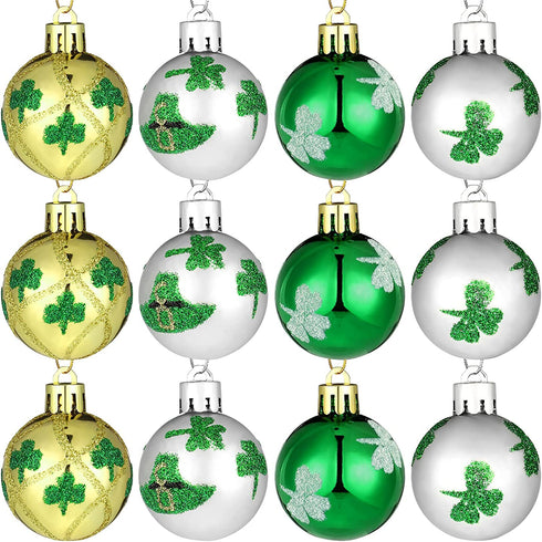12 Pieces St. Patrick's Day Hanging Ornament Ball Green Shamrocks Plastic Ball Ornament 1.57 Inch Good Luck Clover Hat Balls Decorations Baubles with Hanging Rope for St. Patrick's Day Party Supplies