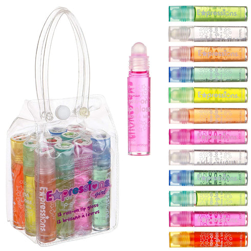 Expressions girl Roll On Lip Gloss Set with Carrying Case, 12-Piece Glossy Lip Make-up for Kids and Teens - Fruity Flavors, Non Toxic, Kid Friendly, Party Gift, Best Friends