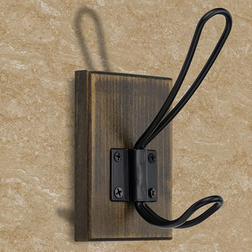 OLBET Farmhouse Towel Hooks for Bathroom Wall Mounted - Rustic Wall Hooks for Hanging Coats - 2 Pack - Retro Iron Wood Hooks - Classical Heavy Duty Hangers for Your House - Weathered Brown