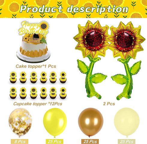 Sunflower Birthday Party Decorations Supplies 104Pcs - Sunflower Happy Birthday Banner, Artificial Sunflower Vine, Aluminum Foil Balloon, Cake Toppers, Balloons and Tools for Sunflower Garland Arch