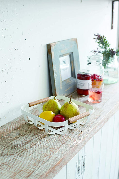 Yamazaki Home Kitchen Decorative Metal Holder Bowl | Steel + Wood | Fruit Basket, One Size, White
