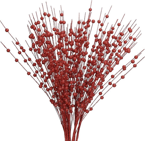 Greentime 10 Pack Red Artificial Glitter Berry Stem Ornaments 15.7 Inches Fake Christmas Picks Decorative Glitter Sticks for Christmas Tree DIY Wreath Crafts Gift Fireplace Holiday Home Decor