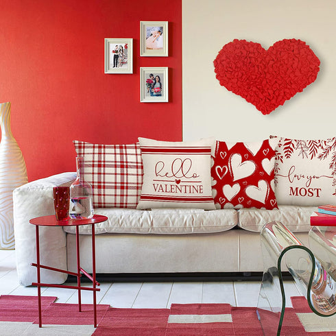 Whaline Happy Valentine's Day Pillow Covers Heart Buffalo Plaid Throw Cushion Cover Red White Love You Most Pillow Case for Farmhouse Home Office Sofa Bed Party Decoration, 18 x 18inch, Set of 4