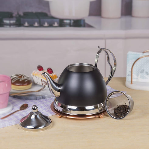 Evco International Nobili Stainless Steel Tea Kettle with Removable Infuser Basket and Aluminum Capsulated Bottom for Even Heat Distribution, 2.0 Quart, Opaque Black