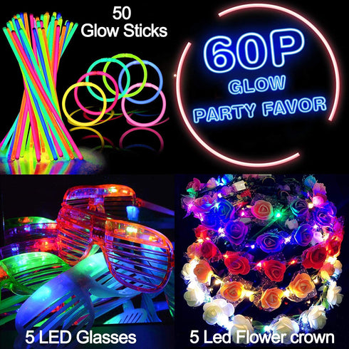 60 PCS Glow in the Dark Party Supplies Glow Sticks Bulk 2020 New Year LED Party Favor Light Up Toys Kid/Adults 50 Glow Sticks Necklaces Bracelets / 5 Light Up Glasses/ 5 Led Flower Crown