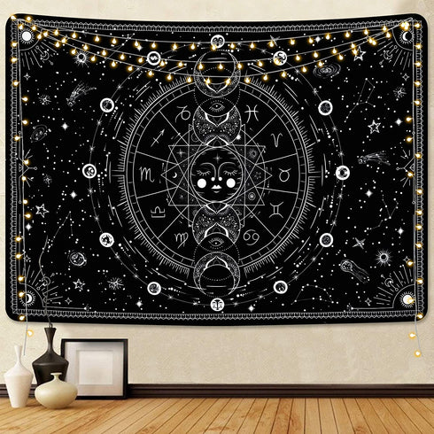 Sun and Moon Tapestry Black and White Tapestries Stars Starry Wall Tapestry Constellation Tapestry Black Tapestry Wall Hanging for Room Wall Decor (59.1 — 82.7 inches)