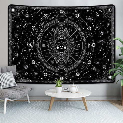 Sun and Moon Tapestry Black and White Tapestries Stars Starry Wall Tapestry Constellation Tapestry Black Tapestry Wall Hanging for Room Wall Decor (59.1 — 82.7 inches)
