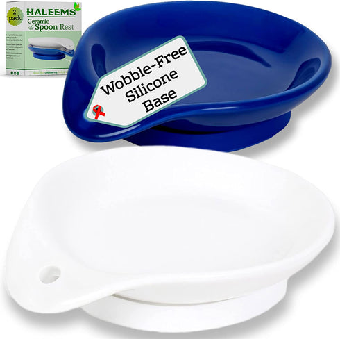 Ceramic Spoon Rest for Stove Top 6 inch- Set of 2 Anti Wobble Silicone Base | Stove Spoon Holder for Kitchen Counter | Blue, White Spoon Rest Set | Luxurious Utensil Rest for Cooking