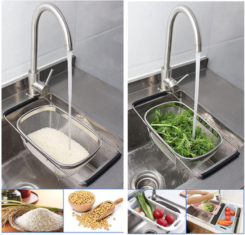 HOJKMA Over the Sink Colander, 4 Quarts Stainless Steel Expandable Oval Strainer Basket Colander with Rubber Grip Handles Fine Mesh Colander for Kitchen Sink, Strain, Drain, Rinse Fruits, Vegetables