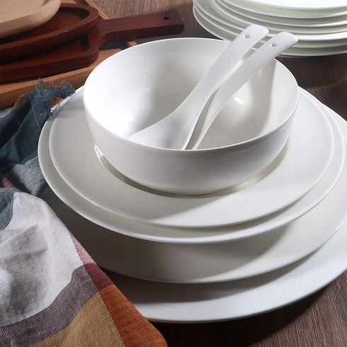 Artena Asian Soup Bowls with Spoons Set of 4, 26 oz Pasta, Ramen, Pho Bowls and Soup Spoons Set, Advanced Porcelain Elegant White Cereal Bowls for Kitchen, Dishwasher Microwave Oven Safe Bowls