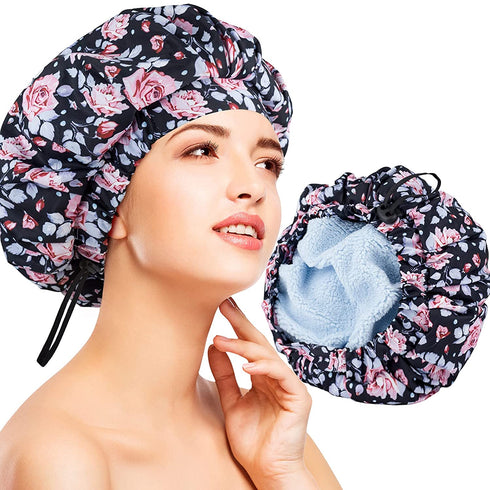 Luxury Shower Cap for Women, Waterproof Reusable Shower Caps Double Layers Microfiber Terry Lined with Dry Hair Function, Large for Long Hair, Adjustable