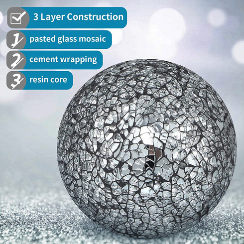 MDLUU Decorative Orbs, Mosaic Sphere Balls, Centerpiece Balls for Bowls, Vases, Dining Table Decor, Diameter 4 Inches, Pack of 3 (Black Silver)