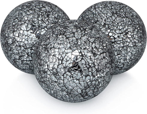 MDLUU Decorative Orbs, Mosaic Sphere Balls, Centerpiece Balls for Bowls, Vases, Dining Table Decor, Diameter 4 Inches, Pack of 3 (Black Silver)