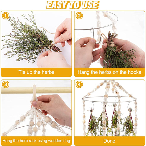 Boho Herb Drying Rack Double- Macrame Flower Drying Rack with 15 Hooks Handcrafted Woven Hanging Herb Dryer with Cotton Rope Wooden Hanging Ring Herb Hangers for Drying Air Plants Spices Flowers