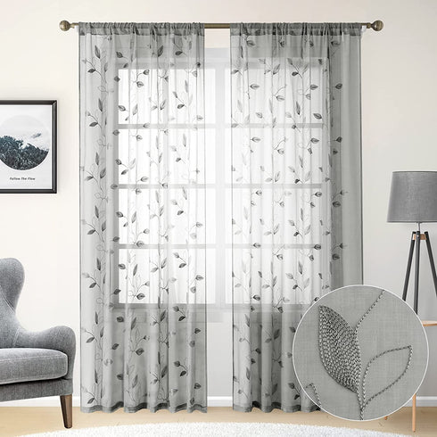 HOMEIDEAS Light Grey/Gray Sheer Curtains 52 X 96 Inches Long 2 Panels Embroidered Leaf Pattern Pocket Faux Linen Floral Semi Sheer Voile Window Curtains/Drapes for Bedroom Living Room