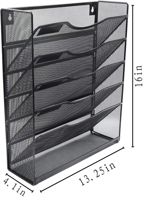 Klickpick Office 5 Sections Hanging Files Wall Mounted Metal Mesh Document File Organizer Magazine Holder Rack Desk Organizer Racks Multipurpose Use To Display File(Black, 5 tray wall racks New style)