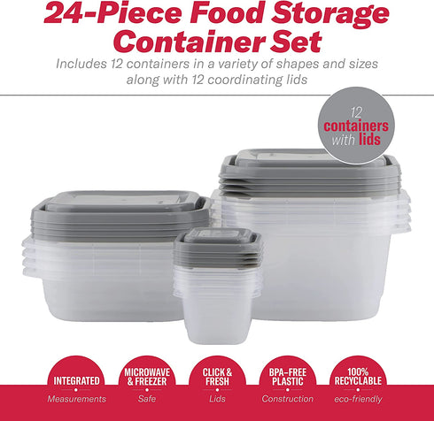 Good Cook EveryWare 24-Piece BPA-Free Plastic Food Storage Container Set, Clear/Grey, (41757)