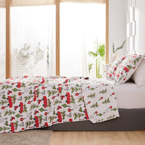 Kids Quilts Set King Size, Boy Tree Bedding Lightweight Reversible Red Bus Cartoon Bedspread Coverlet Gift Teens Child Holiday Decor (Red White, King)