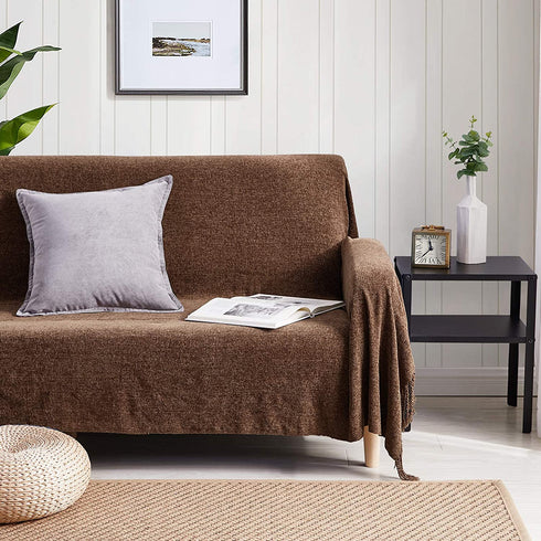BOURINA Chenille Throw Blanket with Decorative Fringe for Couch Sofa Chair Blanket (50x60 Inches) Brown