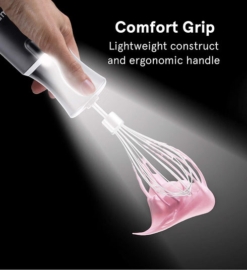 Gourmia GHB2360 12 Speed Illuminating Immersion Hand Blender with Turbo Mode - Comfortable Ergonomic Handle - Whisk Attachment Included - Integrated LED Spotlight - 300 Watt Motor - Black