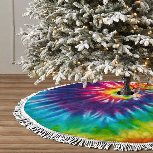 Tie Dye Christmas Tree Skirt with Tassel Small Xmas Tree Skirt Mat 36 Inch Rustic Farmhouse for New Year Party Holiday Decorations