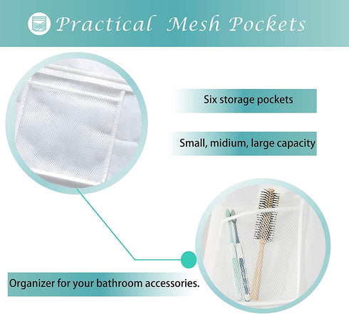 RV Shower Curtain 64 inches Length with 6 Mesh Pockets for Camper Storage,Water Repellent, Odorless and Rust Proof Grommets,White, 47x64