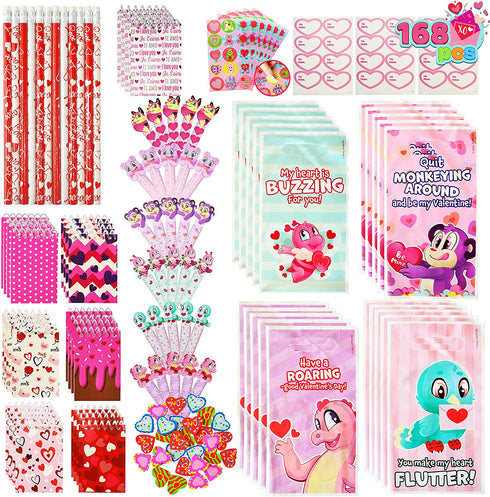 28 Pack Valentines Day Stationery Set with Treat Bags for Kids Party Favor, Classroom Exchange Prizes?includes Notebooks,Rulers,Erasers,Pencils,Stickers