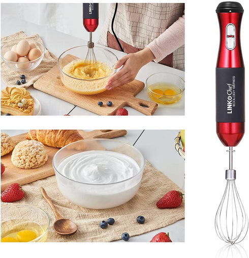 LINKChef Immersion Blender 3-in-1, 300 Watt 20 Speed Hand Blender Powerful Copper Motor 800ml Beaker, 304 Stainless Steel Whisk Attachments, Red/Black (HB-1230)