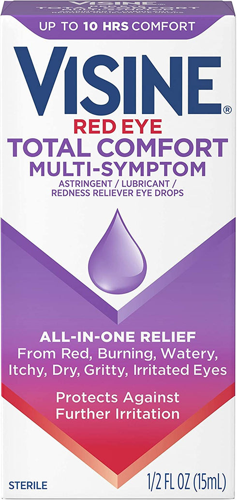 Visine Red Eye Total Comfort Multi-Symptom Eye Drops, All-in-One Astringent, Lubricant & Redness Reliever Eye Drops for Irritated, Dry, Burning, Watery, Itchy, Red, Gritty Eyes, 0.5 fl. oz