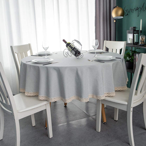 EHouseHome Faux Linen Tablecloth with Lace Trim - Waterproof/Spill Proof/Stain Resistant/Wrinkle Free/Oil Proof - for Banquet, Parties, Dinner,Wedding,Holiday,Silver Grey Round 70Inch