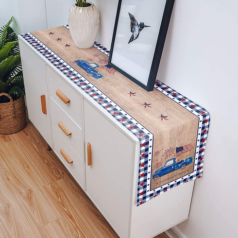 SUN-Shine 4th of July Patriotic Flag Truck Linen Burlap Table Runner Dresser Scarves,Table Runners for Family Dinner Holiday Party Kitchen Tabletop Decor Buffalo Plaid and Polka Dot 13x90In