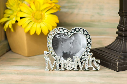 Mr & Mrs Silver Heart Jewel Encrusted 3.5 Inch Tabletop Wedding Picture Frame