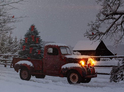 Lighted Vintage Red Truck Canvas Wall Art - LED Picture with Christmas Tree and Old-Fashioned Red Pick-Up Truck Winter Scene - Barn and Farmstead Setting