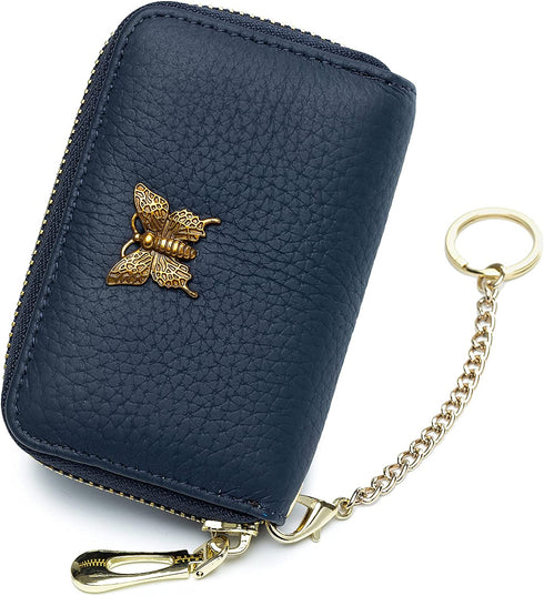 imeetu RFID Credit Card Holder for Women Small Leather Zipper Card Case Wallet with Removable Keychain (Blue)